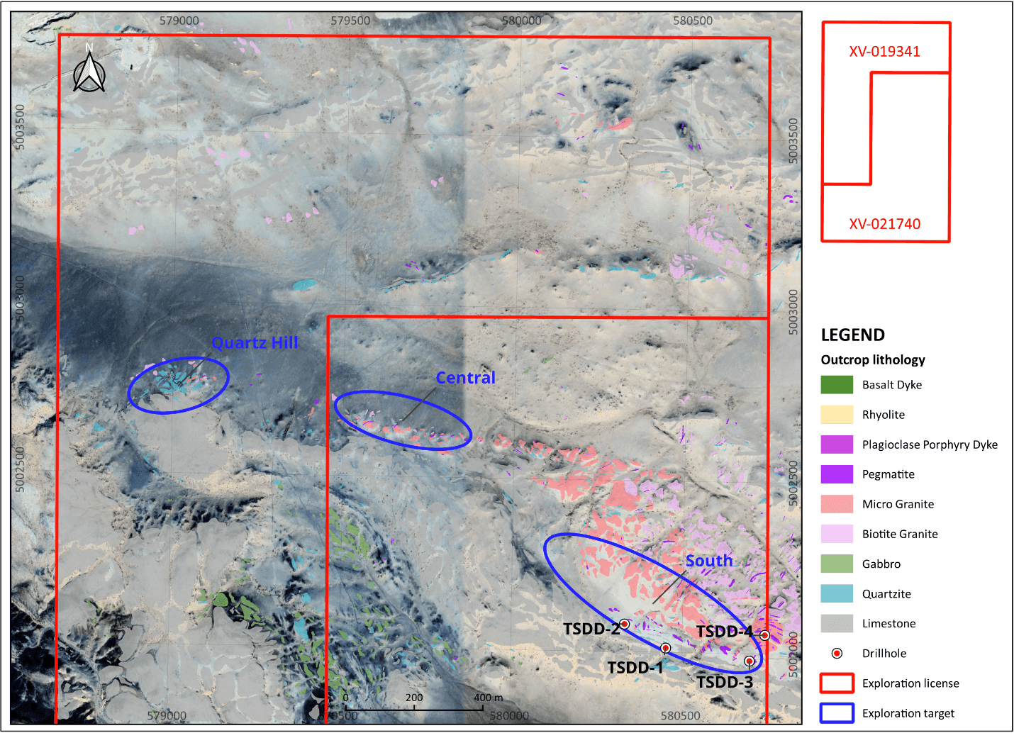 Tsagaan Ders — Quartz Hill, Central and South exploration targets with TSDD drill collars across the licences.
