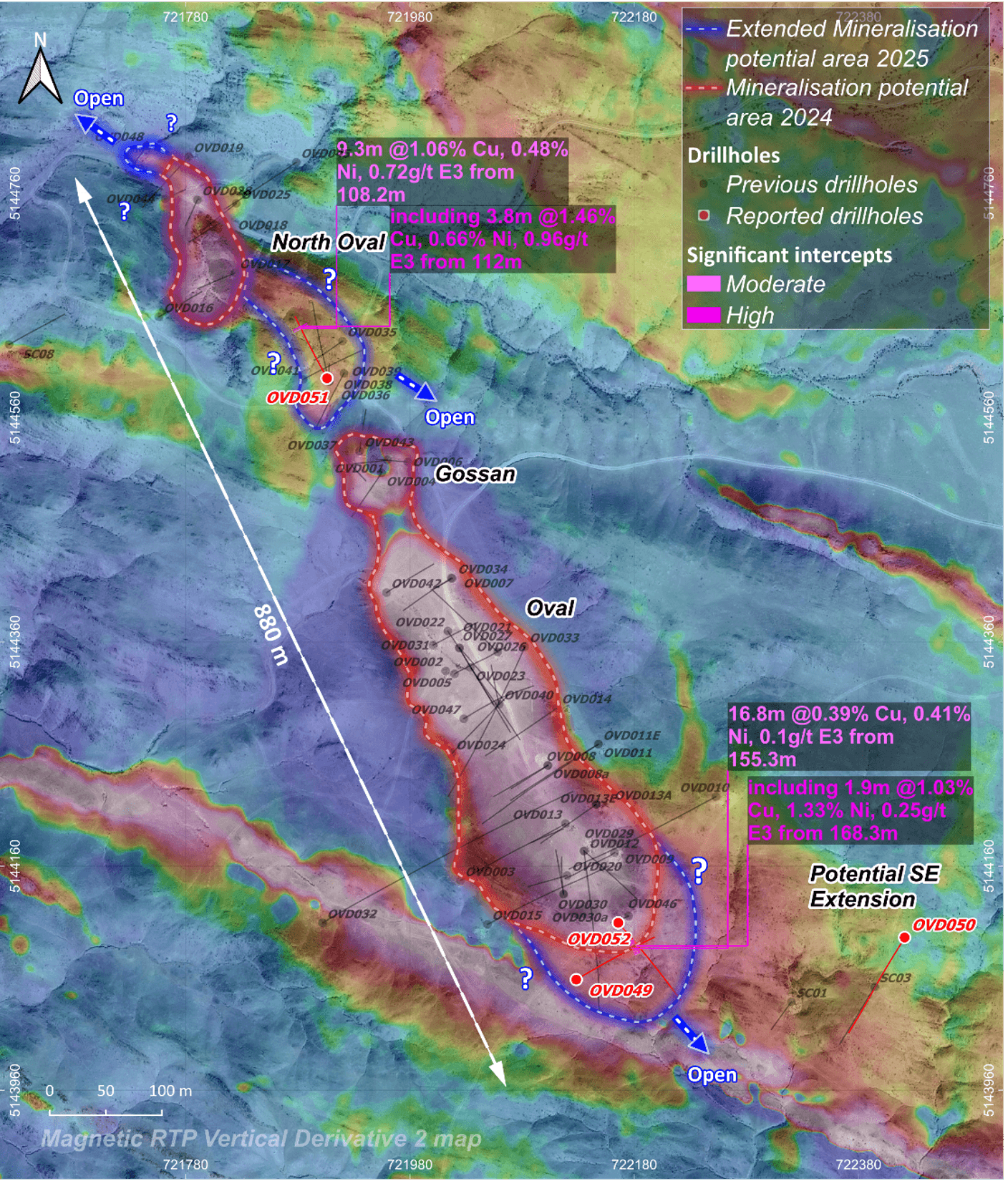 Oval Cu-Ni-PGE Drillhole locations on Reduced to Pole (RTP) Magnetic map (Previously announced in ASX Announcement on 29 Jan 2026)